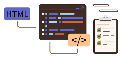 Code editor with syntax lines, HTML tag, task checklist on clipboard, and floating elements. Ideal for web development, programming, coding workflow, software tasks, project management digital