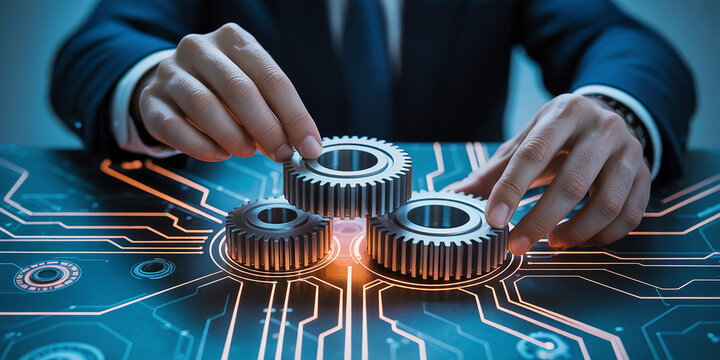 Person's hands arranging interlocking gears on a digital interface