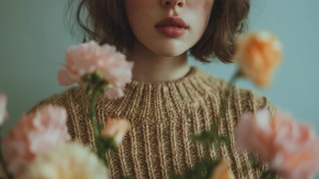 A close-up of a person wearing a chunky brown knit sweater, with soft pink and peach flowers in the foreground.