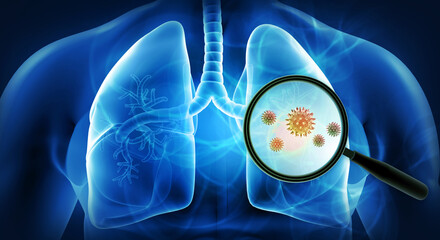 Virus infection in human lungs finding with magnifying glass. 3d illustration