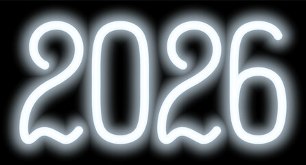 2026. Neon. White shining number. New Year. Color vector illustration. Isolated on black background. Idea for web design, banner