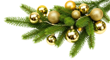 Christmas tree branch with golden baubles isolated PNG with Transparent Background