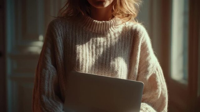 A person in a chunky beige knit sweater holds a closed laptop.