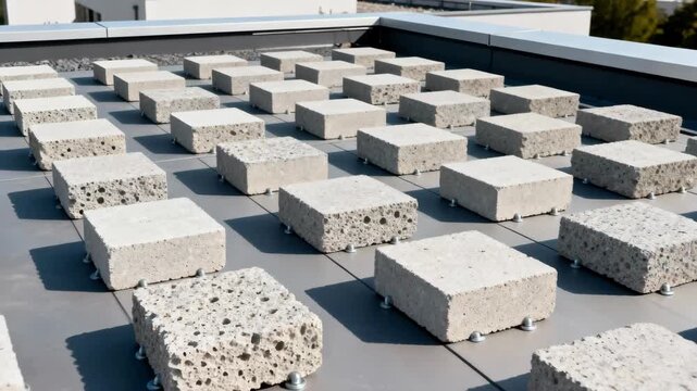 Medium shot focusing on aerated blocks carefully placed as ballast on rooftop showcasing lightweight yet effective anchoring materials used in modern ballasted roof designs.