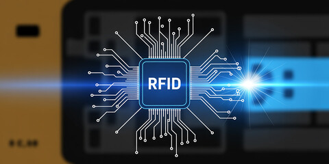RFID Chip with Circuitry and Blue Light Beam RFID