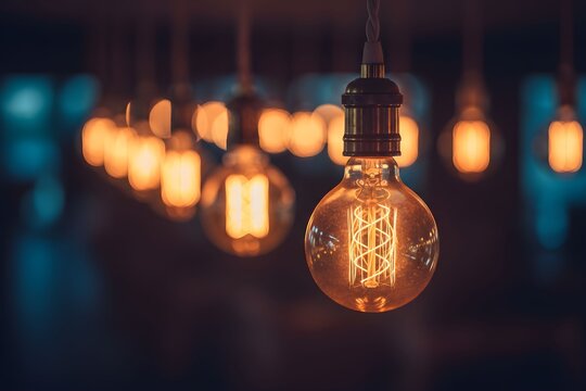 Close-up of vintage Edison light bulbs with glowing filaments hanging in a dimly lit indoor setting, creating a warm ambiance.