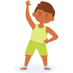 Young Boy In Light Green Tank Top And Shorts Doing Exercise With Arm Raised And Hand On Hip Isolated On Transparent Background