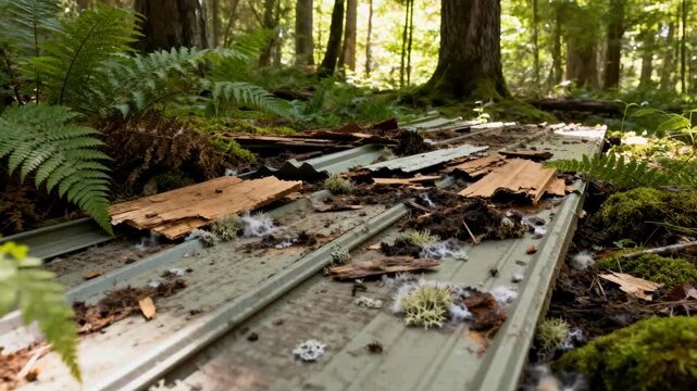 Medium shot of compostable siding waste being broken down naturally outdoors highlighting ecofriendly decomposition in a lush green environment.