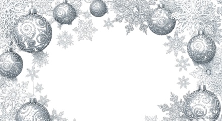 Silver Christmas ornaments and snowflakes background isolated PNG with Transparent Background
