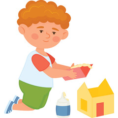 Young Boy with Red Hair Wearing a White Shirt and Green Shorts Kneeling and Building a Yellow Toy House with Glue and Scissors on a Transparent Background