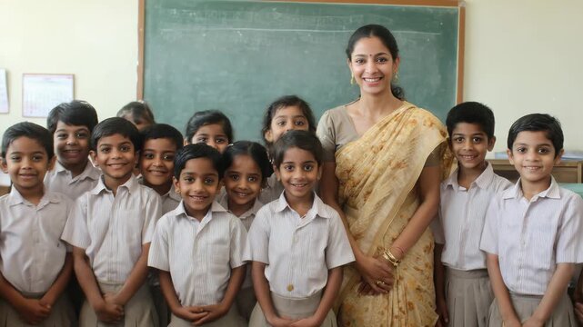 Group of indian children and teacher smiling on camera inside school classroom - Education and young students concept - Models by AI generative