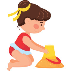Young Girl In Red Swimsuit Playing With Sand Bucket At Beach Transparent Background