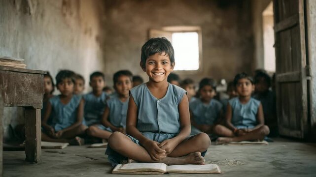 Group of indian children smiling on camera inside school classroom while sitting on the floor with book - Education, poverty and young students concept - Models by AI generative
