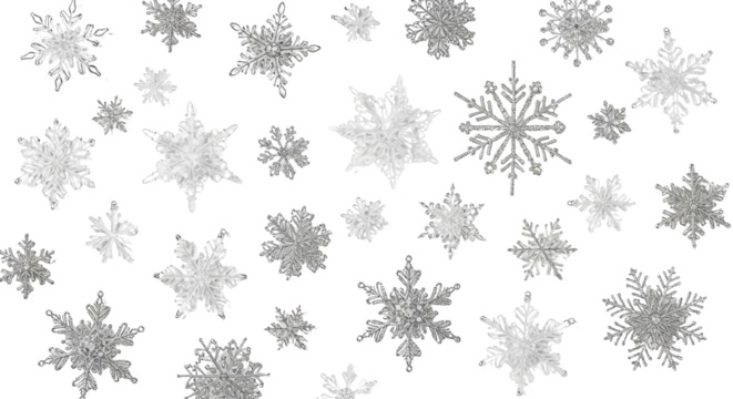 Christmas Winter Holiday Background with Scattered Silver Glitter Snowflakes isolated PNG with Transparent Background