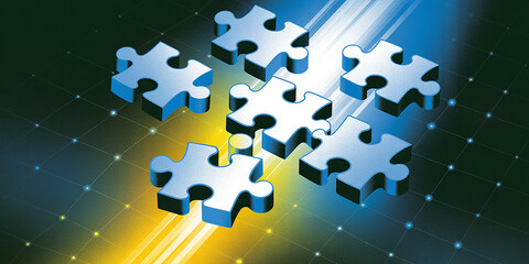 Scattered puzzle pieces on a glowing abstract background