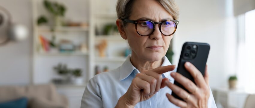 Smiling Senior Woman Sitting Indoors Using Smartphone, Digital Lifestyle, Accessibility Concepts. Mobile Device. ech Adoption, Communication.Editorial, Internet, Copy Space