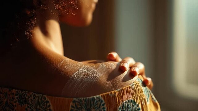Close-up of a person touching a shoulder with dry, flaky skin.