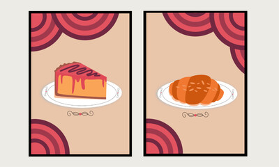 Pastry wall art or poster for backery. Cheesecake and croissant wall decor.