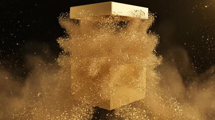 Golden luxury box opening with shimmering dust explosion revealing surprise premium product launch concept