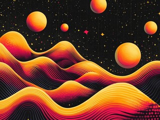 Retro-Futurism Starry Sky Wave Planet Scene Orange-Red Gradient Decorative Painting Wallpaper Sci-Fi Poster Background Material