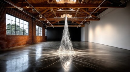 A striking, illuminated art installation hangs from the ceiling in a spacious, modern gallery with exposed brick walls and polished concrete floors.