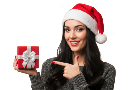 Young woman wearing a santa hat holding a red gift box and pointing, isolated on transparent background