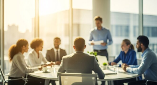 Blurred background of diverse business team having a meeting or presentation in bright office