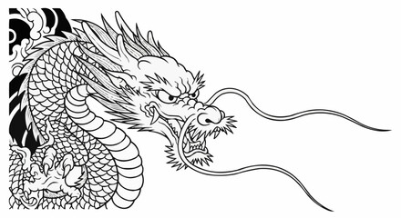 Traditional Japanese Dragon Head Illustration Black and White.