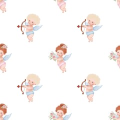 Charming seamless pattern featuring watercolor cherubs: a boy Cupid with a bow and arrow, and an angel girl holding roses. Perfect for romantic, nursery, and elegant Valentine's Day digital designs.