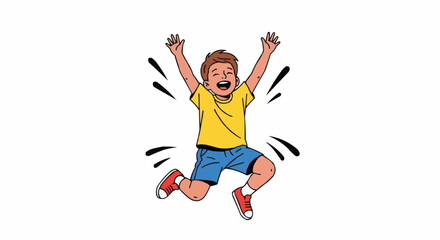 Joyful cartoon boy jumping with excitement and happiness.