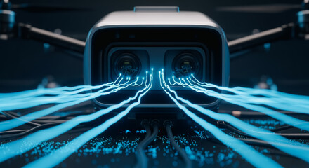 A detailed shot of a high-tech camera system with glowing blue data streams, reflecting technology, connectivity and information, perfect for design resources.