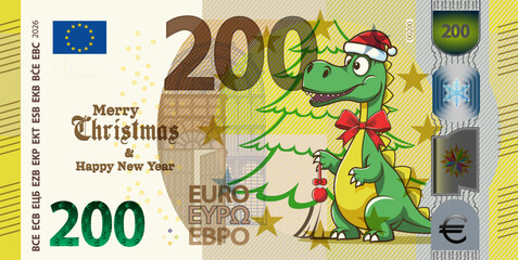 Vector toon holiday banknote of European Union. Note of 200 euros, cute cartoon green dinosaur, Santa hat. Merry Christmas and Happy new year. Money of Europe. Two hundred euro. Obverse of bill