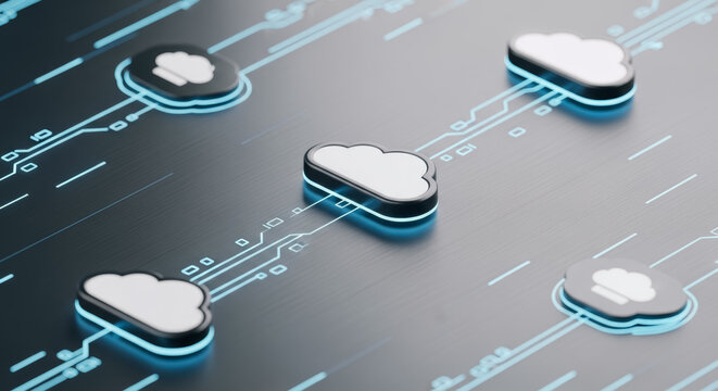 A cluster of digital cloud icons interconnected by glowing pathways, symbolizing the expansive realm of cloud computing and data transfer. 