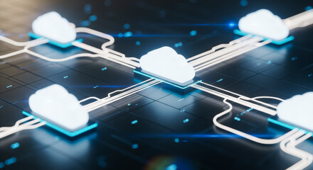 A futuristic network of interconnected data clouds pulses with energy, visualizing the seamless flow of information in a digital world.