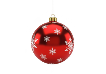 A shiny red christmas ornament with snowflake patterns, hanging by a string, isolated on transparent background