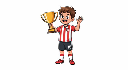 Cartoon boy soccer player holding a golden trophy and waving.