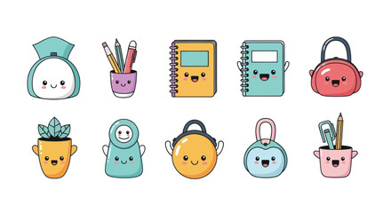 Collection of stylized school supplies and accessories in cartoon style