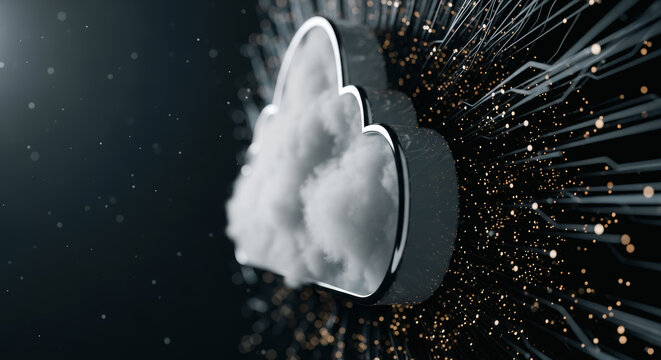 A striking digital illustration showcases the symbol of cloud storage, composed of textured white clouds, set against a dark, futuristic background, symbolizing data flow and information technology.