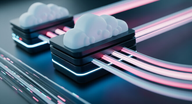 A futuristic view of cloud computing, with glowing data streams, it showcases the interconnected nature of modern technology.