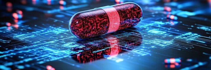 AI Driven Precision Medicine Concept Featuring Digital Pill and Modern Networking Background
