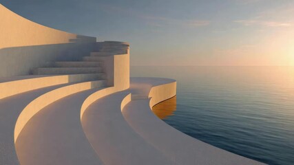 White curved steps descend into a tranquil sea at sunset, forming an elegant edge along the water.