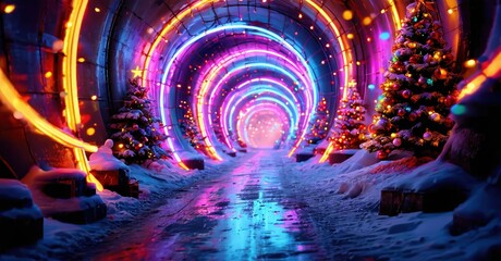Fototapeta premium Bright tunnel glows with vibrant lights. Snow covers ground, trees sparkle. Festive scene evokes winter holiday magic.