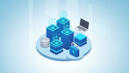 Futuristic isometric data center with glowing servers and connected laptop symbolizing cloud computing