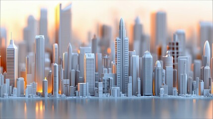 A panoramic view of a modern city skyline with numerous sleek, white skyscrapers reflecting the warm, golden light of sunrise.