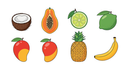 Collection of vibrant tropical fruits illustrated on a clean white background