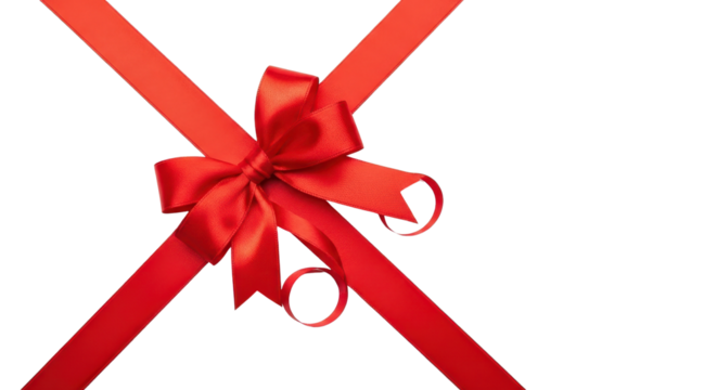 Vibrant Red Satin Ribbon Bow and Diagonal Straps isolated PNG with Transparent Background