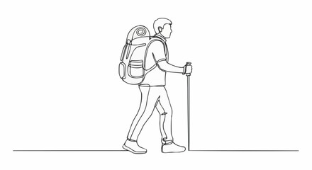 Continuous one line drawing of a man hiking with a backpack and trekking pole.