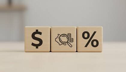 Wooden blocks displaying dollar sign magnifying glass and percentage symbol representing financial analysis
