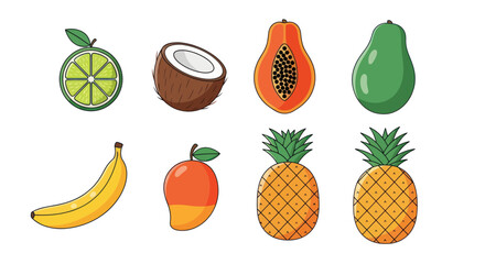 Colorful assortment of fresh tropical fruits isolated on a white background