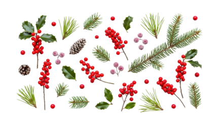 Festive Christmas Holiday Foliage Pattern with Holly Leaves, Red Berries, and Pine Branches isolated PNG with Transparent Background
